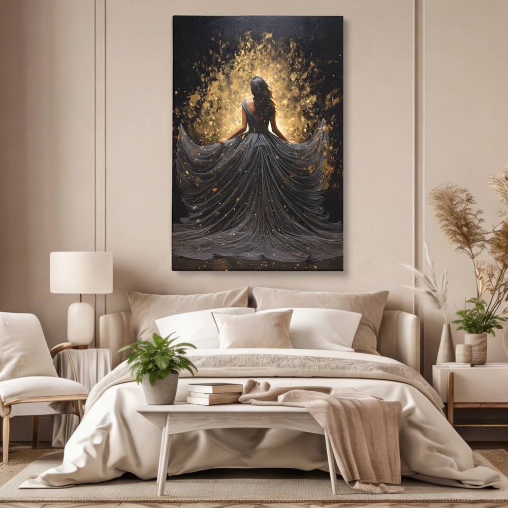 Tablou canvas cu ilustratie digitala cu silueta feminina, fara rama, pe sasiu de lemn, pe perete intr-un dormitor